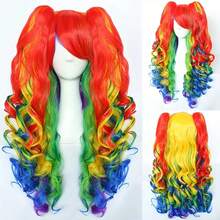 Long, Curly Rainbow Gradient Wig For Women In A Variety Of Soft And Vibrant Colors (Pink, Green, Yellow, Orange, Purple, Red), Made Of Heat-Resistant Silk, Perfect For Cosplay, Halloween, Christmas, New Year's Eve And Other Occasions, Suitable For All Skin Tones. - 彩色 - 查看 1