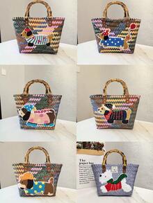 1 pieza Bolso tejido a rayas retro de salchicha, bolso de mano, bolso de tela, bolso de mano para mujer, bolso de playa - Multicolor - Ver 1