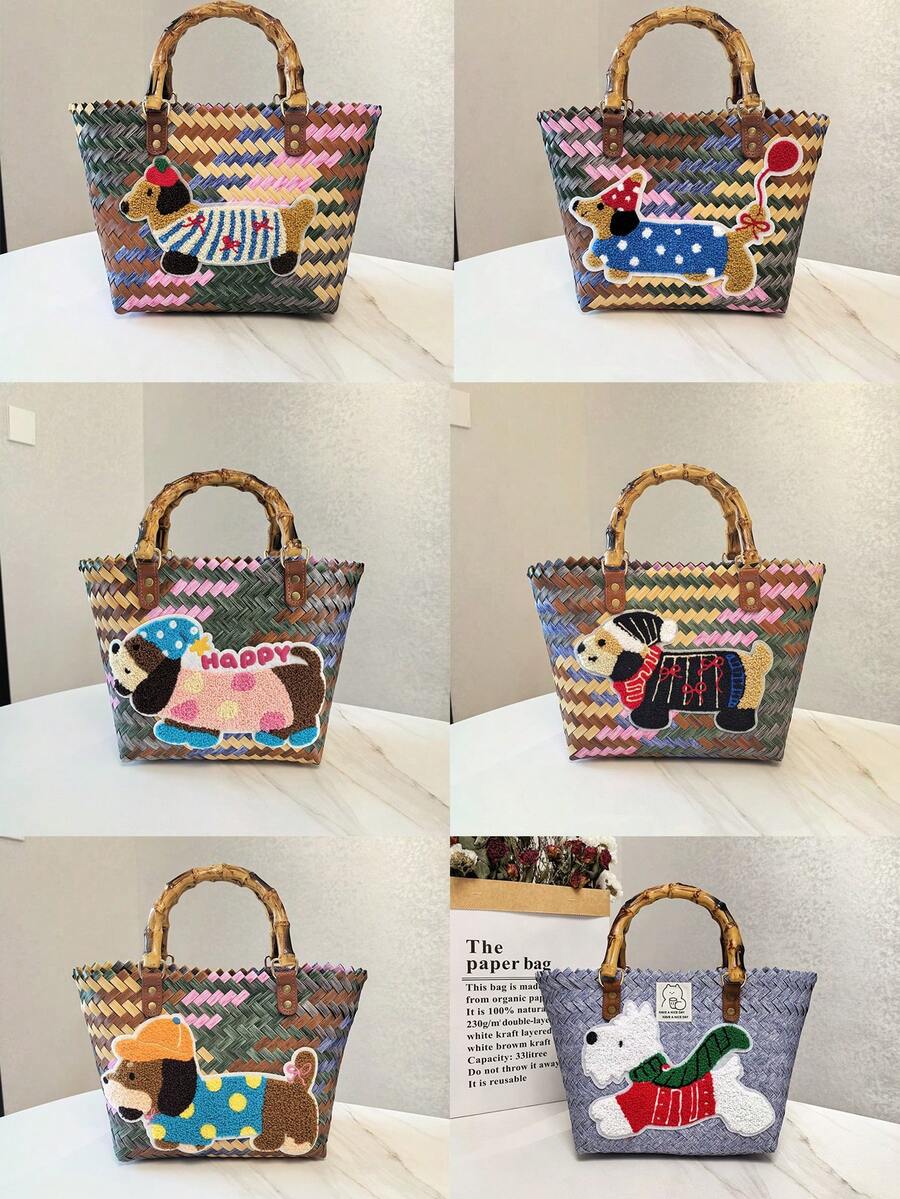 1 pieza Bolso tejido a rayas retro de salchicha, bolso de mano, bolso de tela, bolso de mano para mujer, bolso de playa - Multicolor - Ver 1