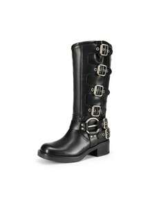 Women's Slip On Knee High Boots Square Toe Chunky Heel Classic Vintage Metallic Buckles Motorcycle Riding Boots - 黑色 - 查看 3