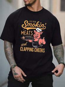 Envío Nacional | Playera Hombre Primavera-Verano de Algodón Casual, Estampado de Letras y Cerdo Asador, Corte Ajustado - Negro - Ver 1