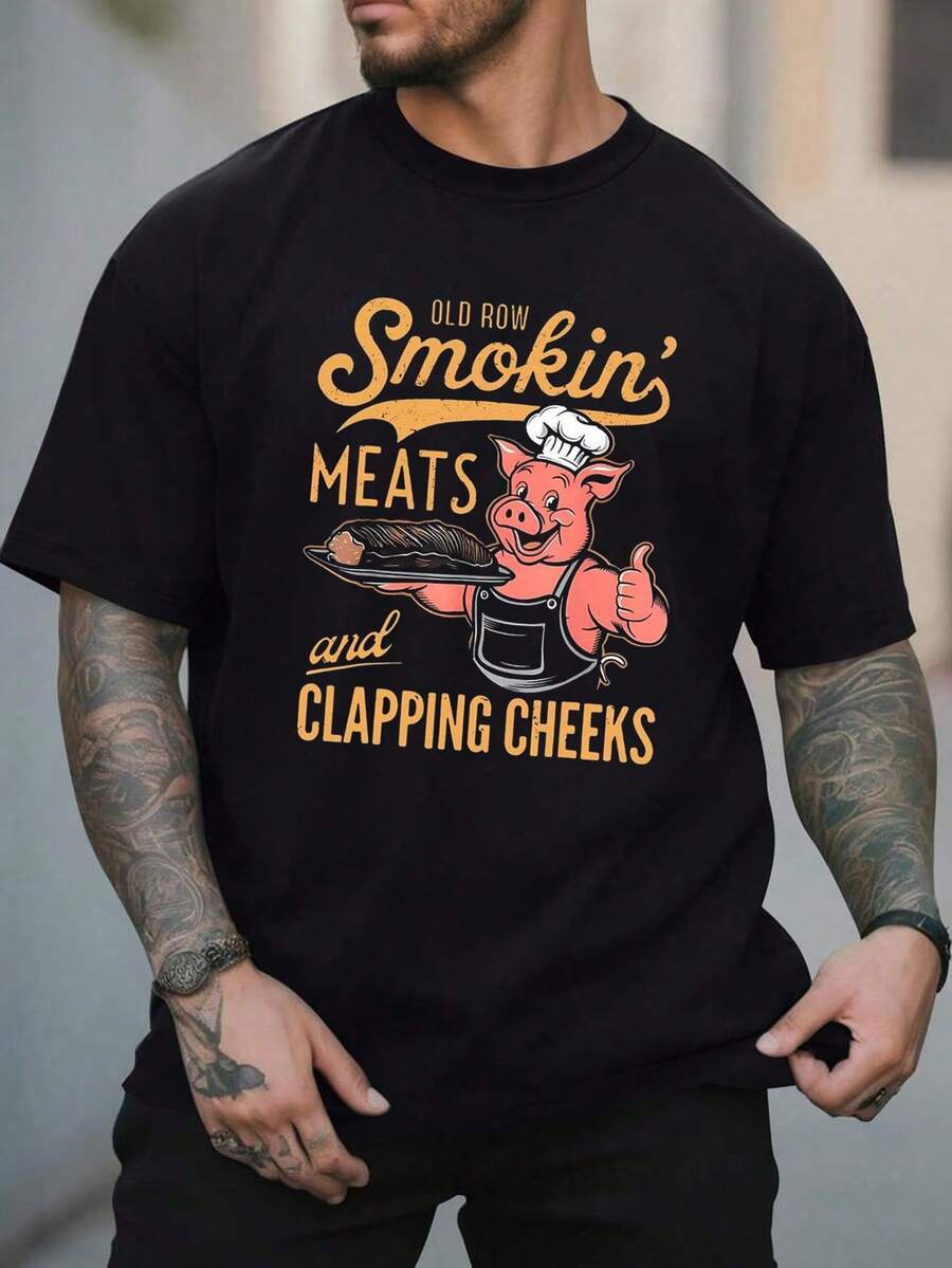 Envío Nacional | Playera Hombre Primavera-Verano de Algodón Casual, Estampado de Letras y Cerdo Asador, Corte Ajustado - Negro - Ver 1