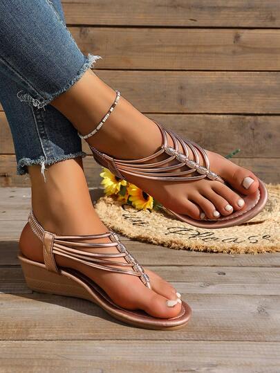 Women's Woven Strap Wedge Sandals, Breathable, Woven Splice Stitching Craftsmanship, Solid Shiny Pattern, Toe Strap, Wedge Low Heel, Elegant Mature Style, Daily Commute & Date, Champagne Gold Woven Material, Woven Strap Toe Ring Wedge Sandals, Beach Beaded Beach, Spring/Summer