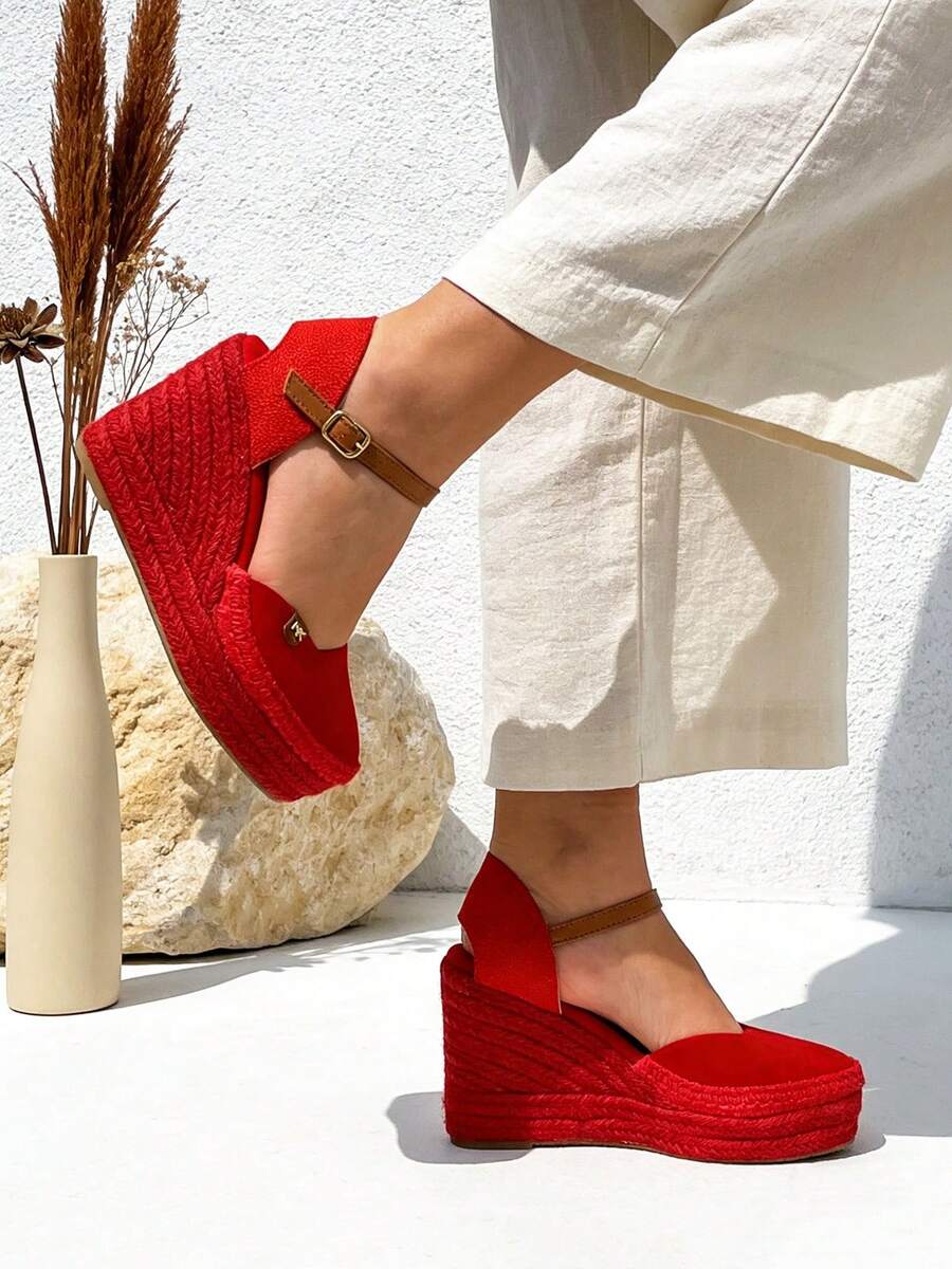 Women's High Wedge Espadrille-Style Sandals For Spring And Summer With Jute Sole, Ideal For Work, Vacations, Dates; Comfortable And Elegant Platform Shoes For Everyday Wear In Spring And Summer - 紅色 - 查看 1