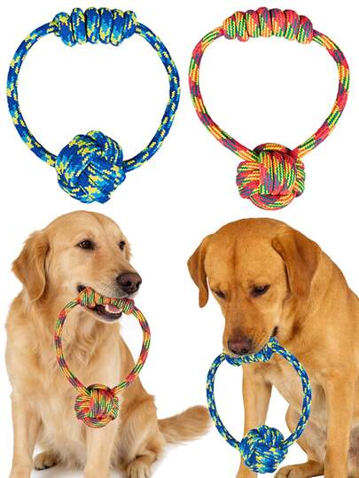 狗狗磨牙绳玩具，环形球形设计，适合狗狗磨牙/牙齿护理/清新口气，蓝黄/彩虹色吸引宠物注意力，适合各种体型的狗狗，可用于拔河/捡球/拉拽/户外休闲/独自玩耍/互动游戏，宠物用品，宠物玩具，绳子玩具