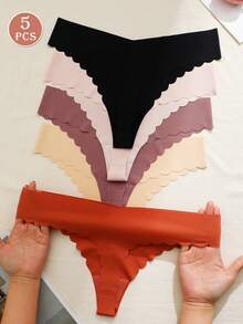 5pcs/Pack Women's Seamless Thong Panties, Low Waist Black Triangular Briefs, Silky Smooth Seamless Underwear, Ruffled Hem, Satin Sexy Panties, Thin Breathable G-String Thongs - Multicolor - View 1