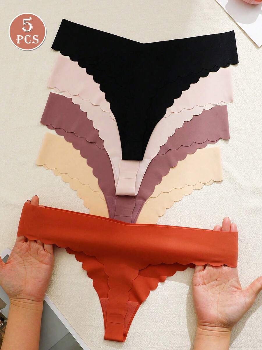 5pcs/Pack Women's Seamless Thong Panties, Low Waist Black Triangular Briefs, Silky Smooth Seamless Underwear, Ruffled Hem, Satin Sexy Panties, Thin Breathable G-String Thongs - Multicolor - View 1