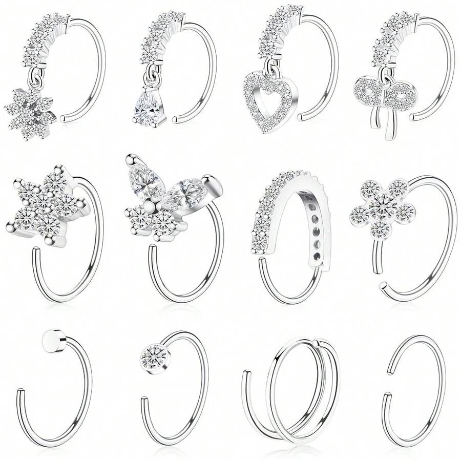BSJ4U Hoop Nose Rings For Women Nose Piercings 20G Stainless Steel Nose Rings Hoops Heart Butterfly Flower Bow Teardrop Double Nose Hoops Gold Plated Silver Pink Clear CZ Nose Piercing Jewelry - 銀色透明鼻環 - 查看 1