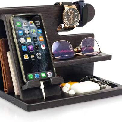 1 st rustik träbordsorganisatör med telefonhållare, klock- och glasögonställ - enkel montering, multifunktionell förvaringshylla för hemmakontorstillbehör, modern arbetsyta i lantlig stil, naturlig träådring, kontorsskrivbordstillbehör