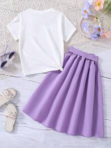 Young Girl Butterfly Print Short Sleeve Top And Belted Skirt Set - White - View 2