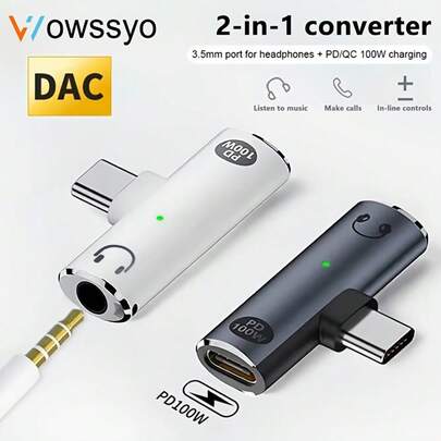 WOWSSYO Adaptador de audio 2 en 1, de Tipo-C a Tipo-C con jack de auriculares, carga rápida PD100W, audio de auriculares giratorio, adaptador USB-C a cable de audio USB-C, compatible con iPhone 16/15 Pro Max/Plus, OnePlus y otros dispositivos