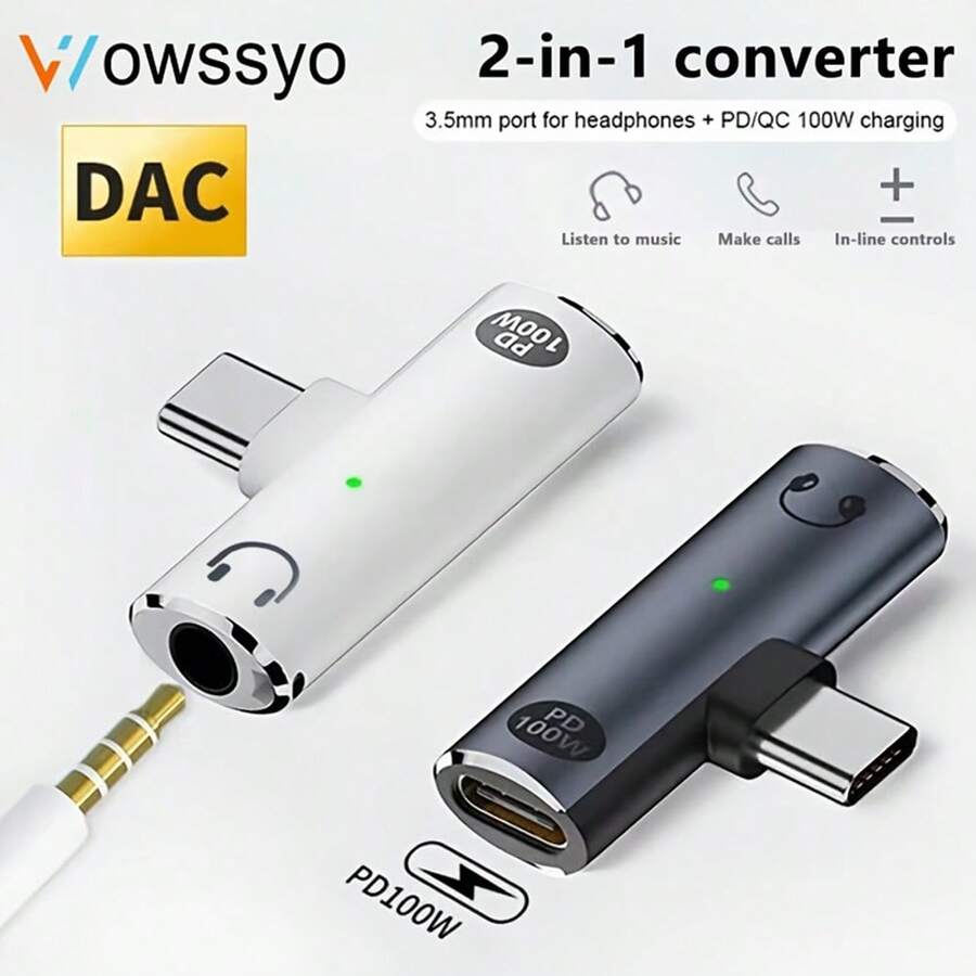 WOWSSYO Bộ chuyển đổi âm thanh 2 trong 1, giắc cắm tai nghe Type-C sang Type-C, sạc nhanh PD100W, tai nghe có thể xoay, cáp âm thanh USB-C sang USB-C, tương thích với iPhone 16/15 Pro Max/Plus, OnePlus và các thiết bị khác.