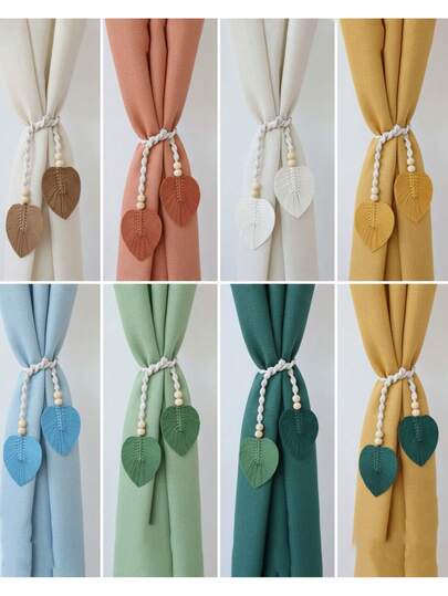 Sujetacortinas de macramé hechos a mano, decoración colgante de pared con borlas tejidas de hojas en estilo bohemio, forma de hoja y pluma de macramé decorativa, sujetacortinas de forma de hoja bohemia con cuentas de madera y borlas decorativas de cuerda de algodón para el hogar y la oficina