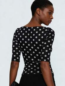 Women's Fall Dot Print Tops Fashionable Casual 3/4 Sleeve Slim Fit Boat Neck T Shirts - 黑色 - 查看 4