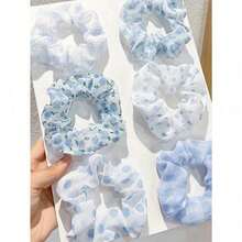 6pcs Blue Scrunchie Hair Ties, Fresh Korean Fashion Fabric Hair Ties Hair Scrunchies (The Tray In The Picture Is For Photography Purposes Only, The Actual Packaging Will Be As Per The Product) Scrunchy Hair Ties - 彩色 - 查看 9