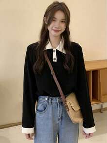 Polo Collar Long Sleeve T-Shirt For Women, Versatile Color Block Casual Top