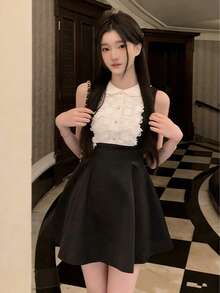 Black Lace Collar Sleeveless Dress, Little Black Dress - Black - View 1