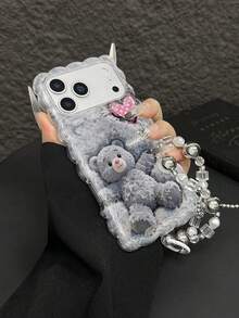 1pc Unique Design Valentine's Day Heart Bear Patchwork Transparent Lace Edging Anti-Drop Phone Protective Case, Matching Bracelet, Suitable For Self-Use, Girlfriend/Valentine's Day/Eid Gift, Compatible With IPhone 11/12/13/14/15/16/16 Pro/16 Pro Max, Galaxy A05/A15/A25/A35/A53/A54/A55/S23/S24 - Clear - View 2