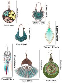 TopHanqi 7/11/15/21对随机售卖女士耳环套装，绿色流苏系列耳环，叶子耳环，几何个性化绕线滴水水钻耳环，适合日常佩戴、通勤、派对 - 彩色 - 查看 11