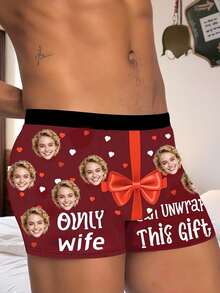 1pc Men's Customized Face & Personalized Text Print Burgundy Comfortable Briefs, Romantic Style Boxer Briefs, Valentine's Day Gift - Multicolor - View 7