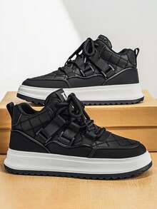 European Station Men's Shoes, Thick Sole Mid-Top Casual Sneakers, Versatile Luxury Leather Skate Shoes - Black - View 1