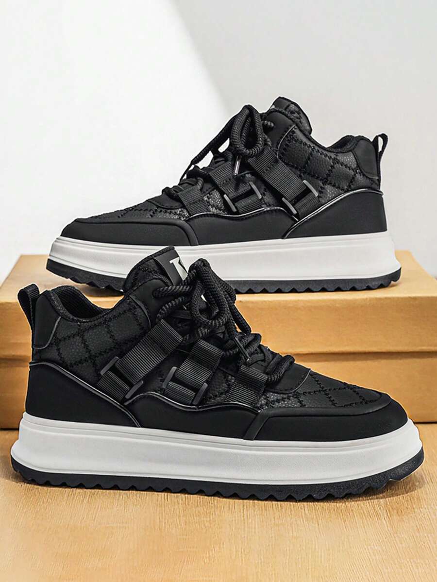 European Station Men's Shoes, Thick Sole Mid-Top Casual Sneakers, Versatile Luxury Leather Skate Shoes - Black - View 1