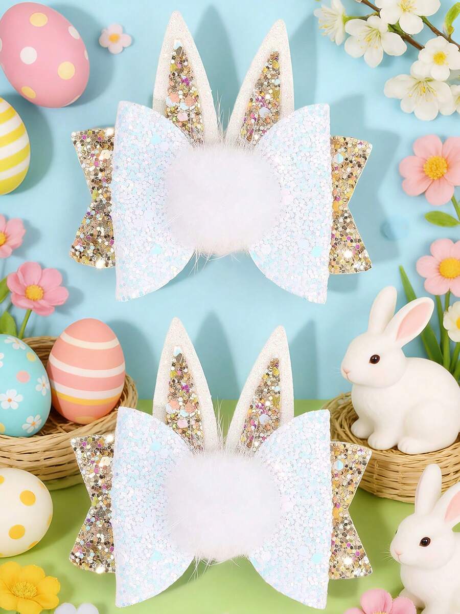 2个装 Eester 女孩闪亮蝴蝶结发夹精品兔子蝴蝶结发夹可爱甜美发卡配饰，适合女孩和青少年