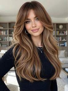 24 Inch Long Wavy Wigs With Bangs Dark Roots Brown Wigs For Women Brown Ombre Hair With Blonde Wigs,Heat-Resistant Synthetic Wigs For Daily Party Cosplay Wigs - Màu dương cầm - Xem 6