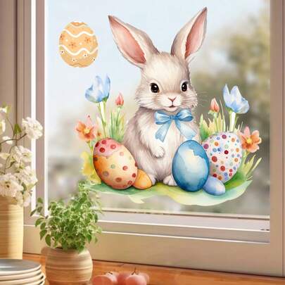 1 stuk Paashaas & Ei Sticker, Zelfklevende Slaapkamer/Raamdecoratie, Schattige Decoratie in Aquarelstijl