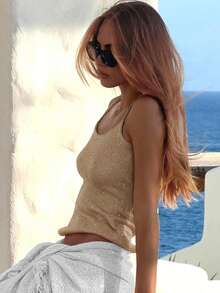 2025 Summer Sexy Shiny Pink Spaghetti Strap Knit Camisole Tank Top For Women - Light Khaki - View 5