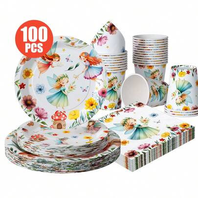 1 Set Floral Fairy Design Disposable Plates, Napkins, Cups, Suitable For 25 Guests, One-Time Party Supplies, Fit For Birthday, Wedding, Theme Party, Family Picnic