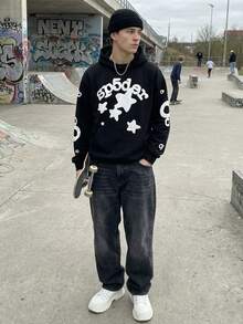 1pcs-Spider Wed Fashion Hip-Hop Printed Flower Hooide European And American Brand Large-Sized Loose Men's And Women's Hooded-280g Pure Heavy 100%Polyester - Black - View 5