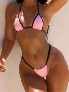 Bộ bikini hai mảnh tam giác siêu nhỏ, màu trơn, kiểu buộc dây cổ, thanh lịch, gợi cảm, thích hợp cho các bữa tiệc mùa hè, đi biển, nghỉ mát. - nâu hồng - Xem 1
