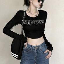 Áo thun dài tay nữ gợi cảm đính đá, dáng ôm, thời trang tối giản, áo crop top đen mùa xuân. - màu đen - Xem 6