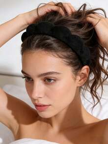 Black Twist Sponge Hairband For Women Lightweight Terry Cloth High Skull Top Head Hoop Durable Non-Fading Hair Accessory For Face Cleansing, Makeup & Daily Hairstyling Portable Headband Ideal For Home Use, Travel & Gym Beauty Essentials Perfect For All Hair Types - 黑色 - 查看 5