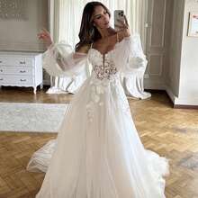 Elegant Sexy Off Shoulder Lace Appliqué Long Sleeves A Line Tulle Wedding Dress,Registry Office Dresses Bridal Gown,Evening Party Dress Birthday Party Dress Country Wedding,Romantic Church Ceremony Wedding Dress,Suitable For Wedding,Dating,Party,Singles' Party,Vacation,Formal Occasions,Dinner Dress,Prom Dress,Homecoming Dess,Cocktail Party,Wedding Guest Dress,Graduation - 白色 - 查看 4