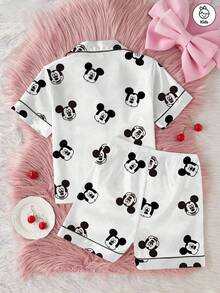Disney Tween Girls Mickey Mouse Series Cartoon Print 2-Piece Set, Cute Casual Versatile Short Sleeve Elastic Waist Shorts Pajama Set For Tween Girls Silk-Like Soft Breathable Fabric, Suitable For All Seasons Loungewear - White - View 2