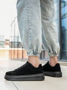 Men's Simple Solid Color Patchwork Lace-Up Casual Sneakers, Comfortable Daily Outdoor Commute Versatile Plus Size Couple Shoes - Black - View 11