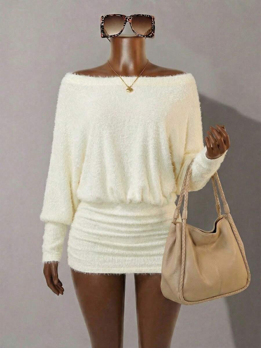 JTI Autumn Winter Ladies White Fluffy Boat Neck Pullover Dress Elastic Waist Elegant Slim Fit Short Tunic Tops - Apricot - View 1