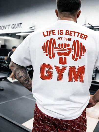 男士夏季户外运动健身训练单哑铃印花圆领短袖T恤；适合运动休闲穿着。白色