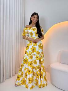 Long -Style Dress With Printed Sleeves - Yellow Flowers - View 2