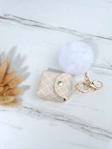 Retro Floral Mini Coin Purse Multifunctional Earphone Case Keychain Cute Fluffy Ball Keychain Travel Essentials Kawaii Bag Handle - White - View 2