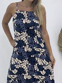 Printed Viscose Midi Dress With Square Neckline And Thin Straps - 藍/米色 - 查看 3