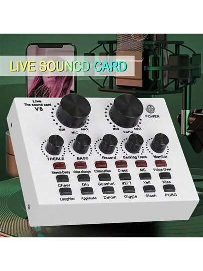 V8 Echtzeit-Soundkarte, Echtzeit-Mixer, Sprachkonverter, Soundkarte mit vielen Soundeffekten, geeignet für Computeraufnahmen, Heim-KTV und Sprachchat