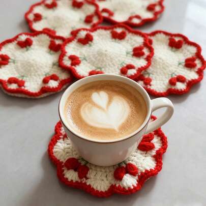 1 szt. ręcznie robiona na szydełku podkładka pod kubek z motywem wiśni, podstawka pod czajniczek, dekoracyjna podkładka pod kubek z motywem kwiatów, drobny upominek świąteczny