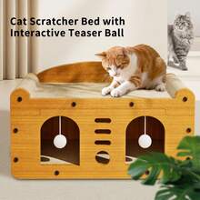 Multi-Function 2-In-1 Cat Scratcher & Cozy Bed - Wooden Cat House With Interactive Play Caves, Durable Scratching Surfaces, Hanging Pom-Pom Toys, And Hideaway Napping Spot For Indoor Cats - MD-DOOR1 - 查看 6