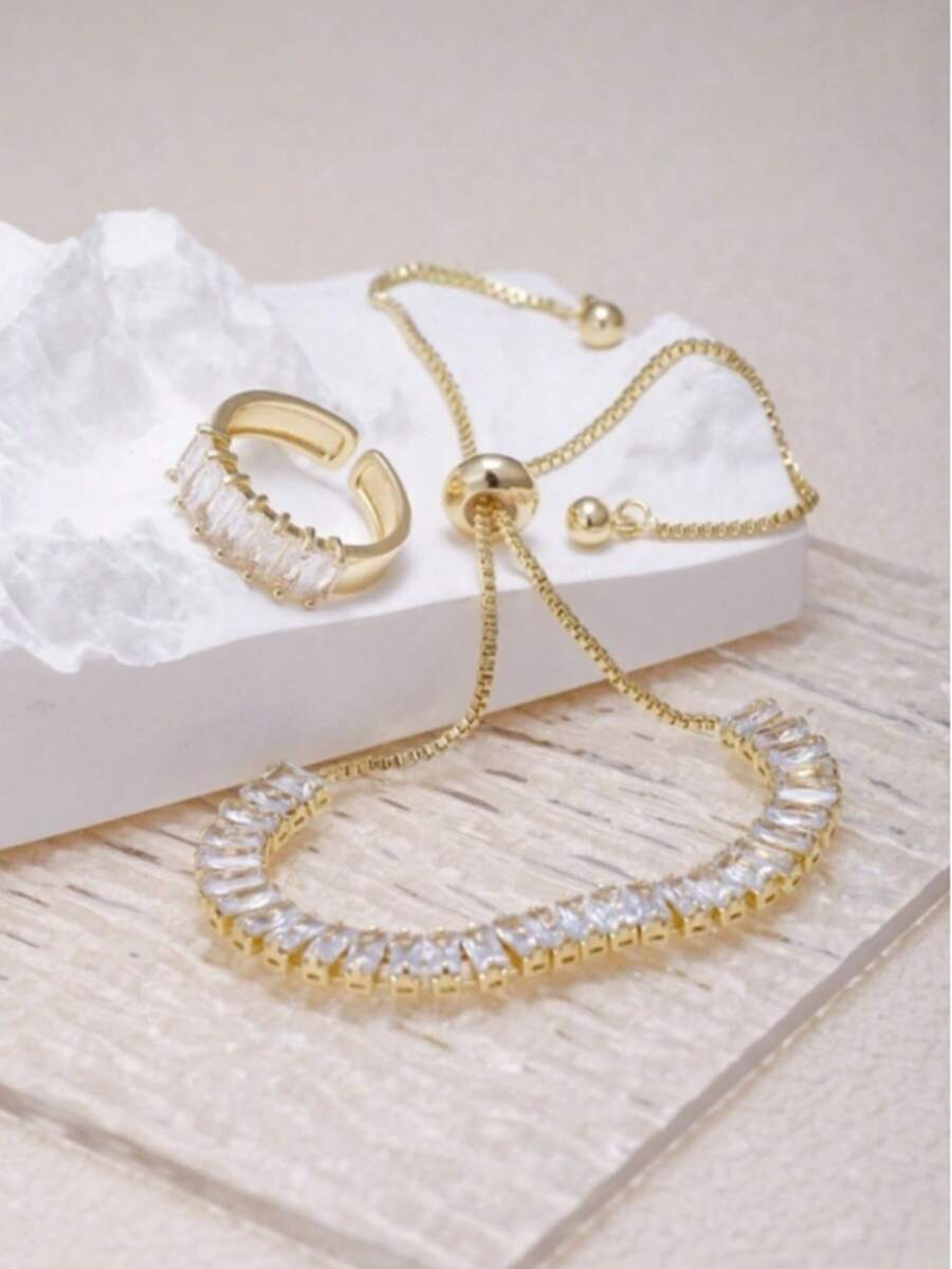 2件套铜质拉环手链和戒指，适合日常佩戴 - 金黃色 - 查看 1