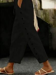 Women's Solid Color Elastic Waist Drawstring Side Button Pocket Casual Pants, Suitable For Daily, Home And Outdoor Occasions Spring Black - Black - View 2