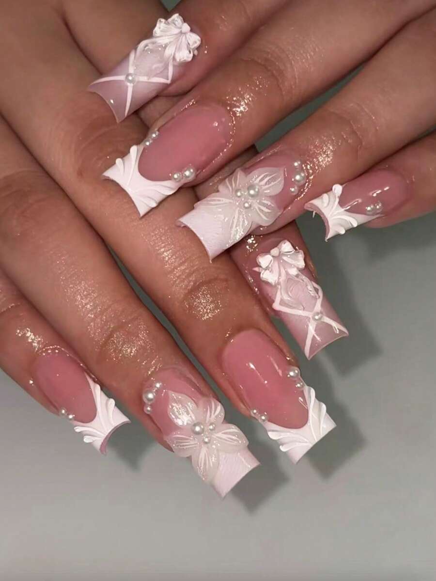 24pcs French Ombre 3D Wavy Floral Bow Rhinestone Design Fashionable Sweet Y2K Style Glossy Square Full Cover False Nails, Suitable For Daily Wear For Women & Girls - Multicolor - View 1