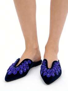 Women's Luxurious Fully Rhinestone & Gemstone Decorated Navy Blue Velvet Pointed Toe U-Shaped Vamp Comfortable Flat Mule Shoes, Suitable For Daily Wear And Parties,Mothers Day Gift - Royal Blue - View 5